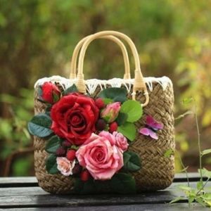 Women's Flowers Decor Straw Weave Handbag bag